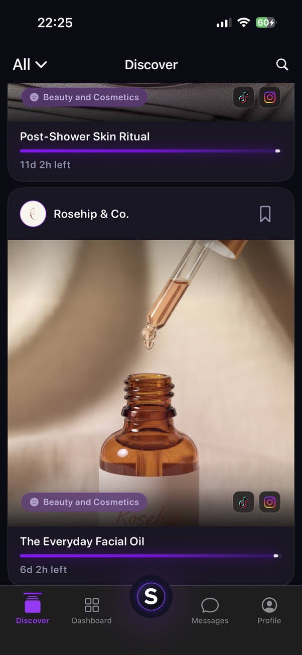 Spongle Discover screen on iPhone: Rosehip & Co. The Everyday Facial Oil