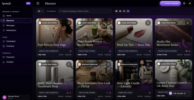 The Discover feed on desktop: live campaign briefs from indie beauty and wellbeing brands