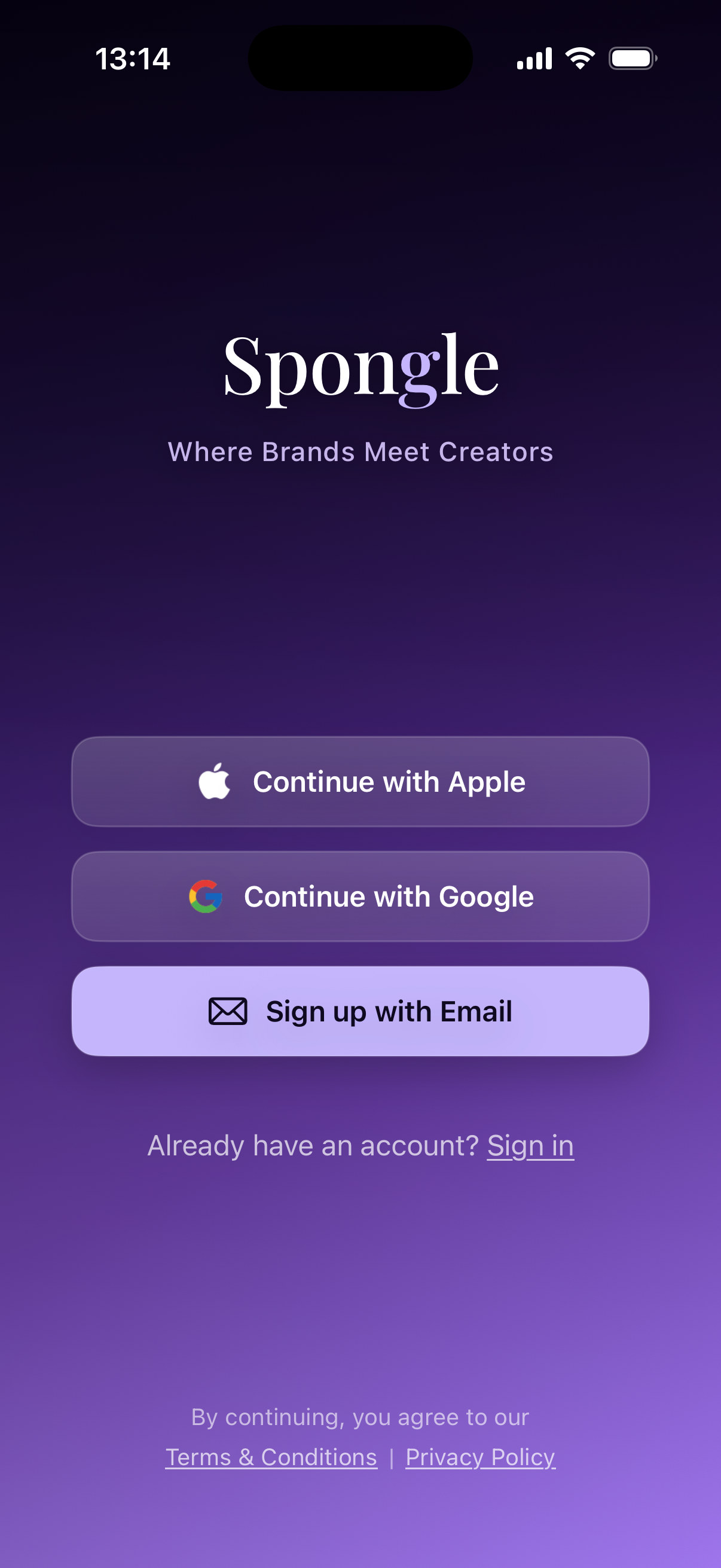 The Spongle app sign-in screen on an iPhone: continue with Apple, Google or email