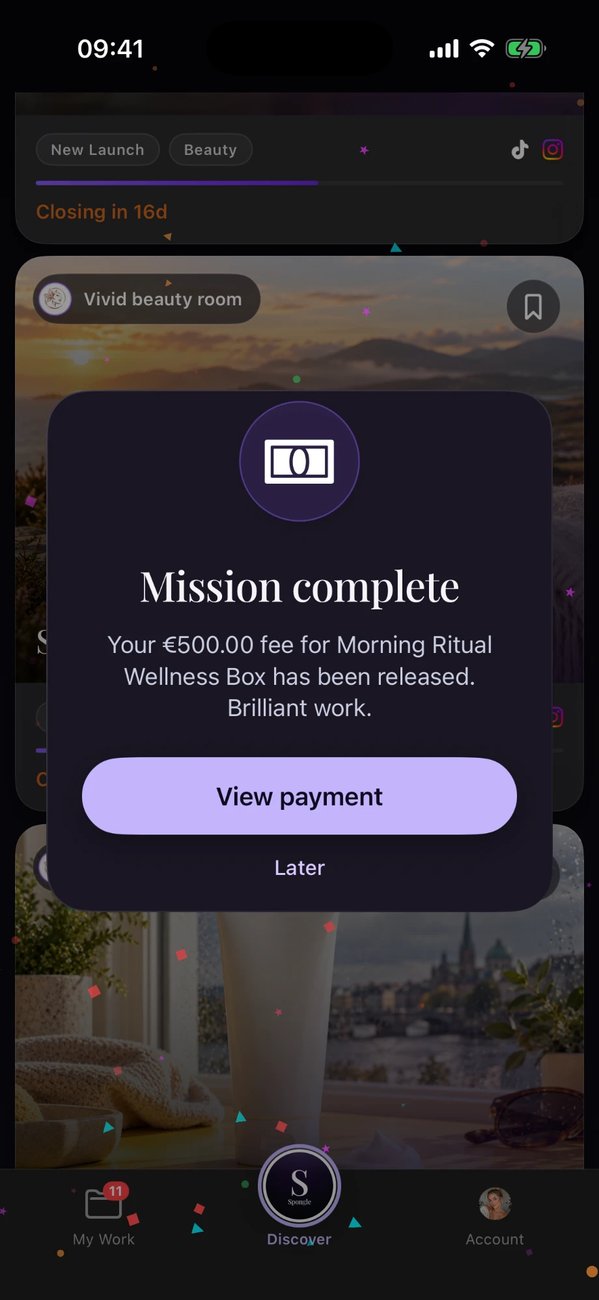 The Spongle app after a campaign ends: the creator’s €500 fee released to their bank